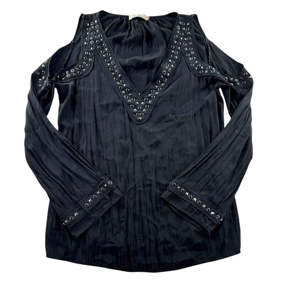 Ramy Brook Angelina Cold Shoulder Blouse Womens S Black Studded Embellished Top